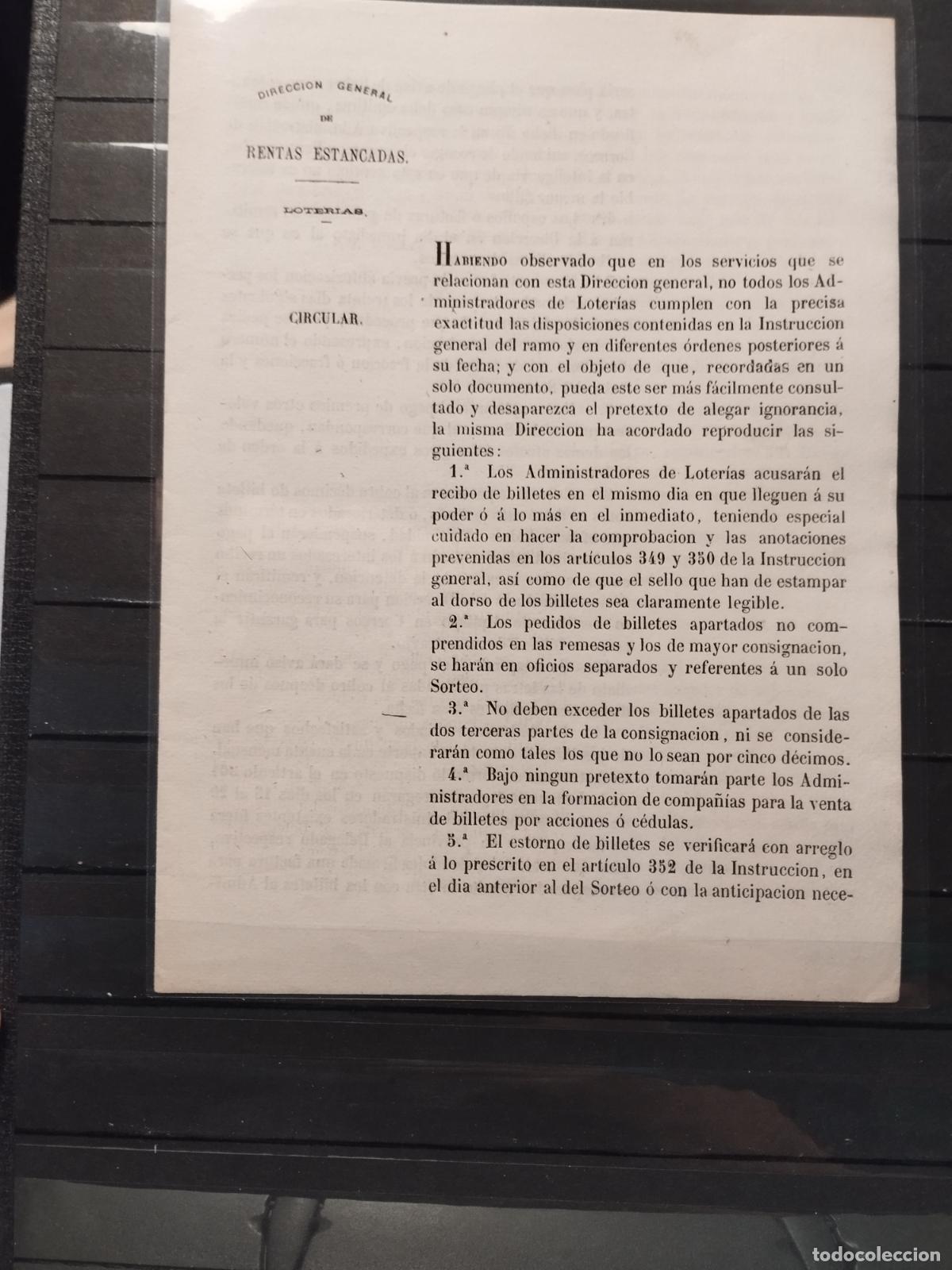 National Spanish Lottery: TKZ -- CIRCULAR DE 1875 DE LA DIRECCION GENERAL DE RENTAS ESTANCADAS Y LOTERIAS. PERFECTO ESTADO