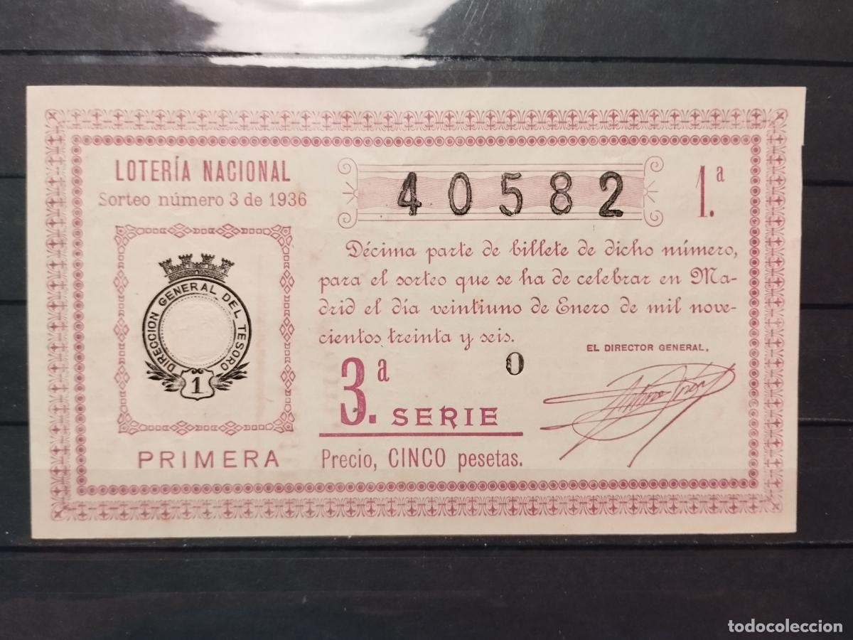 National Spanish Lottery: TKZ -- DECIMO DE LOTERIA DE 1936. SORTEO N&ordm; 3. MADRID. LIGERAS DOBLECES. MUY BUENA CALIDAD