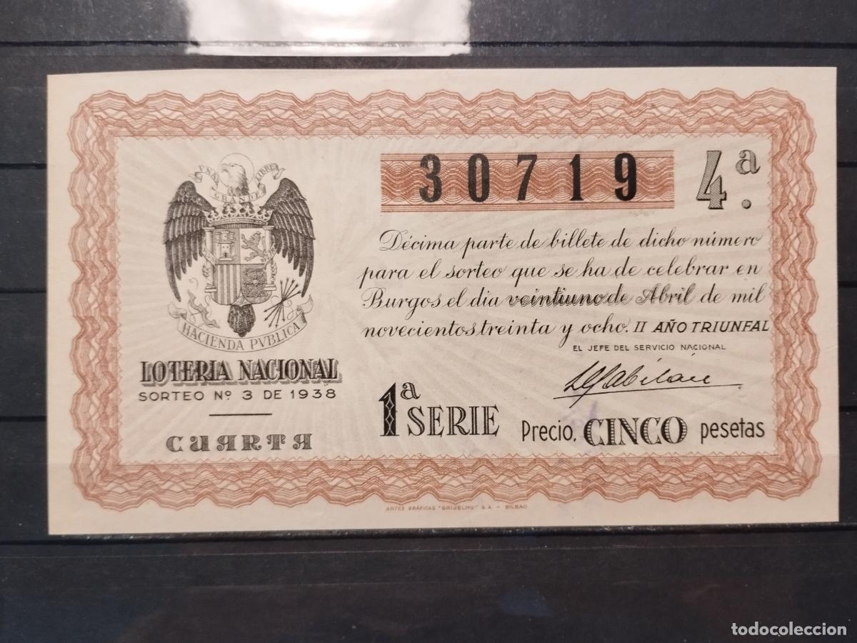 National Spanish Lottery: TKZ -- DECIMO DE LOTERIA NACIONAL DE 1938. SORTEO N&ordm; 3. BURGOS. PLANCHA. LUJO.