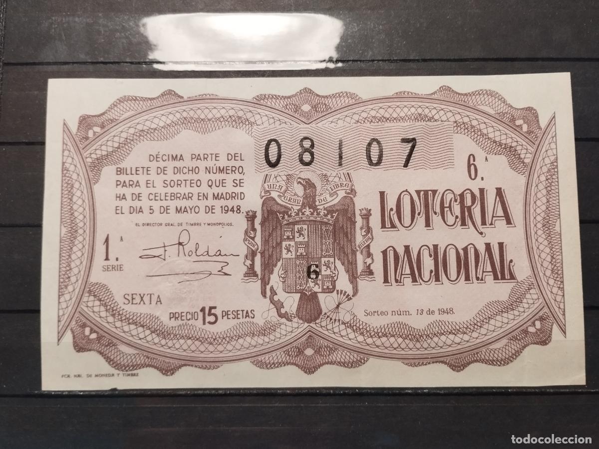 National Spanish Lottery: TKZ -- DECIMO LOTERIA NACIONAL. 1948. SORTEO N&ordm; 13. MADRID. INFIMA DOBLEZ VERTICAL. MUY BUENA CALIDA