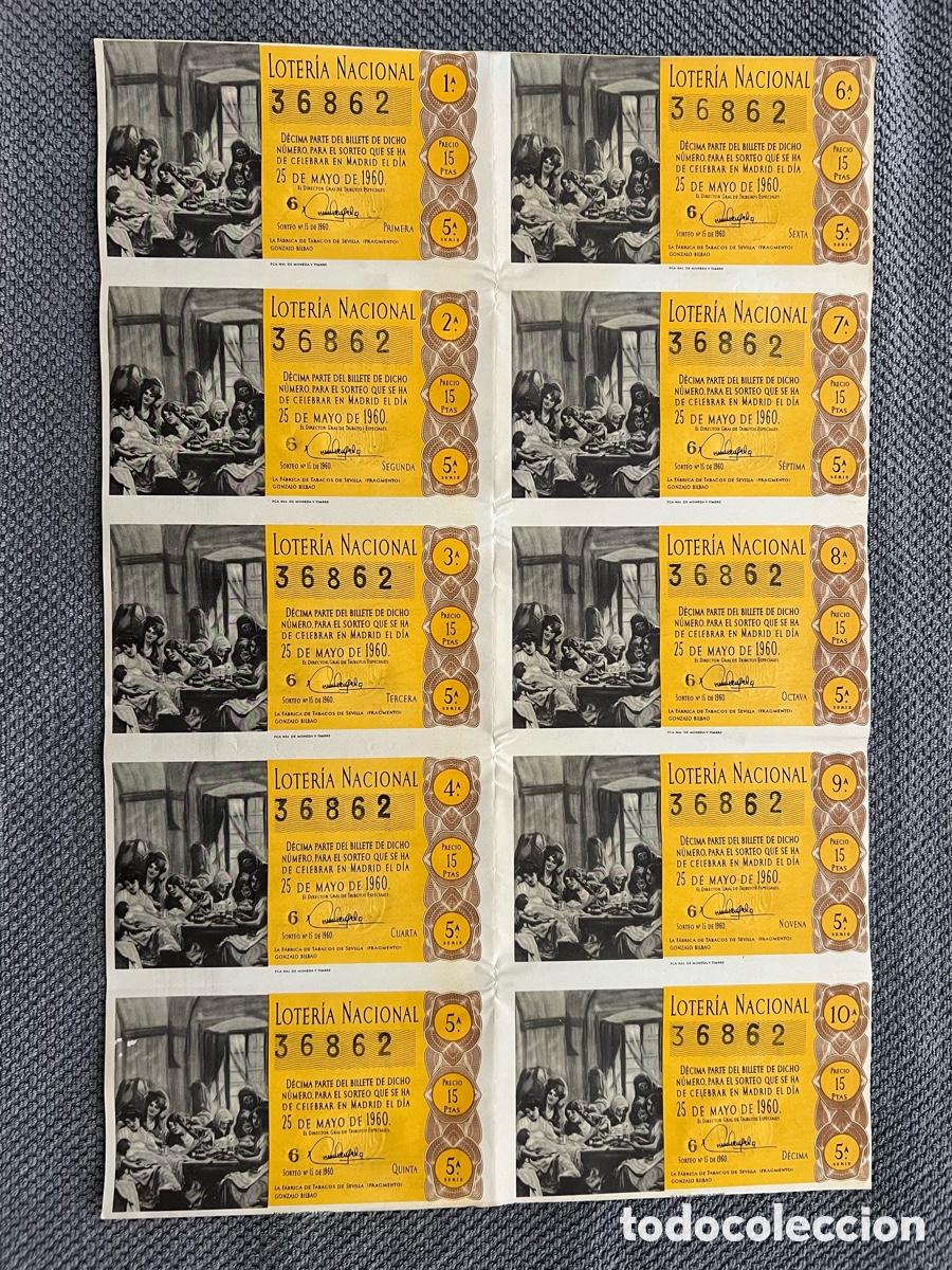 Loter&iacute;a Nacional: LOTER&Iacute;A NACIONAL (10) Decimos No.36862, Adm. Juan Bello Paricio. Plaza Caudillo. Valencia (a.1960)