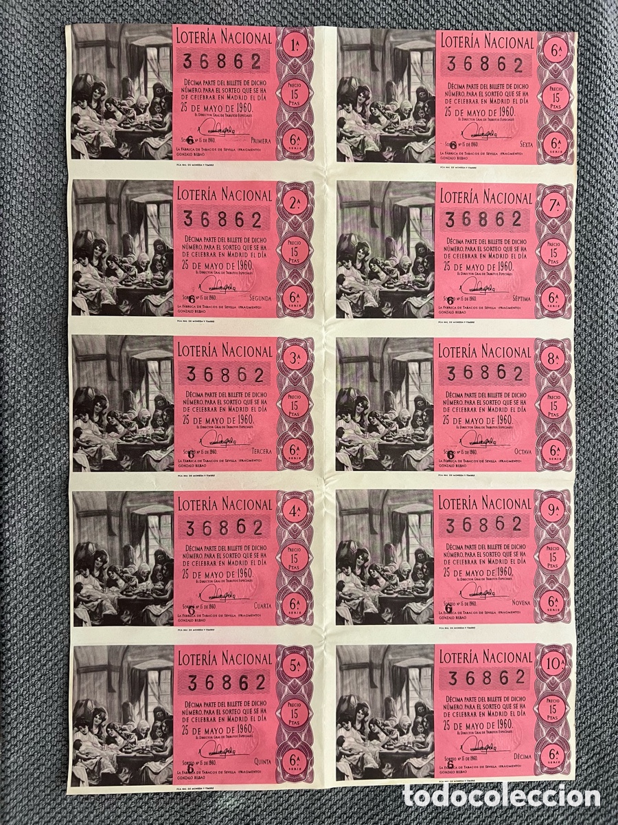 Loter&iacute;a Nacional: LOTER&Iacute;A NACIONAL (10) Decimos No.36862, Adm. Juan Bello Paricio. Plaza Caudillo. Valencia (a.1960)