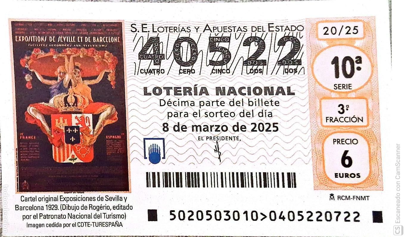 National Spanish Lottery: Espa&ntilde;a. Loter&iacute;a. 2025. Sorteo: 20 Cartel original Exposiciones de Sevilla y Barcelona 1929. Fecha: