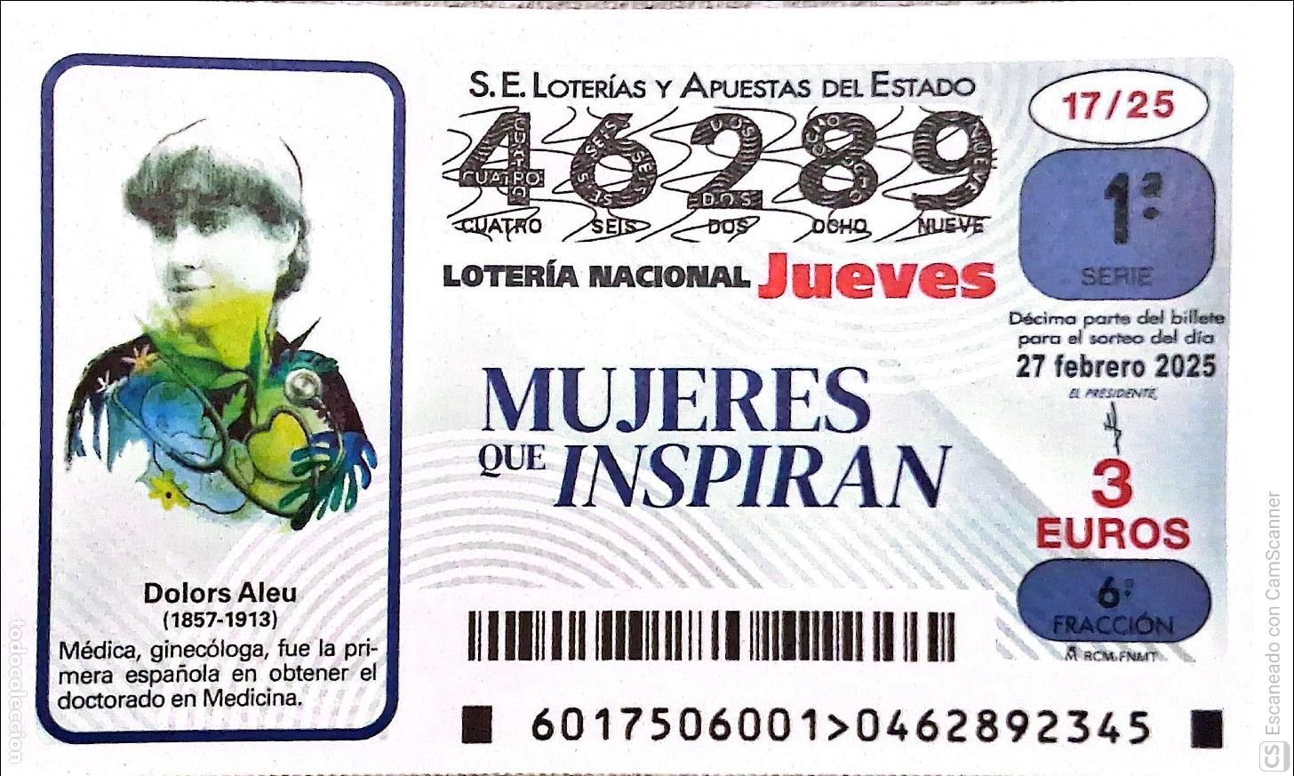 National Spanish Lottery: Espa&ntilde;a. Loter&iacute;a. 2025. Sorteo: 17 Mujeres que Inspiran: Dolors Aleu. Fecha: 27 febrero