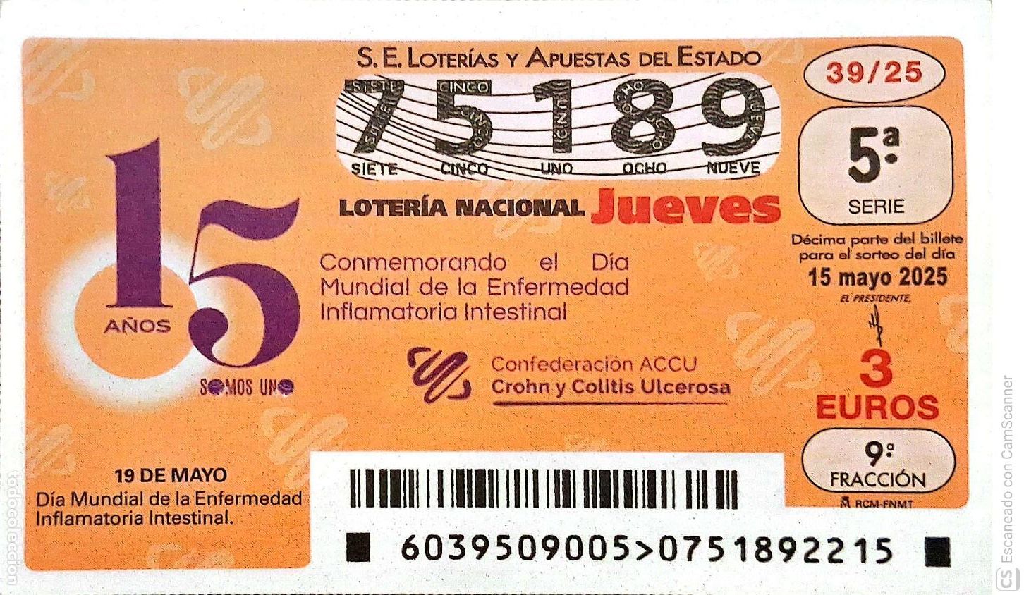 National Spanish Lottery: Espa&ntilde;a. Loter&iacute;a. 2025. Sorteo: 39 D&iacute;a Mundial de la Enfermedad Inflamatoria Intestinal. Fecha: 15 m