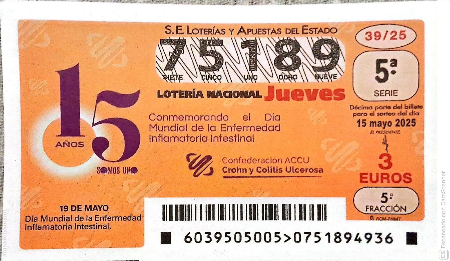 National Spanish Lottery: Espa&ntilde;a. Loter&iacute;a. 2025. Sorteo: 39 D&iacute;a Mundial de la Enfermedad Inflamatoria Intestinal. Fecha: 15 m