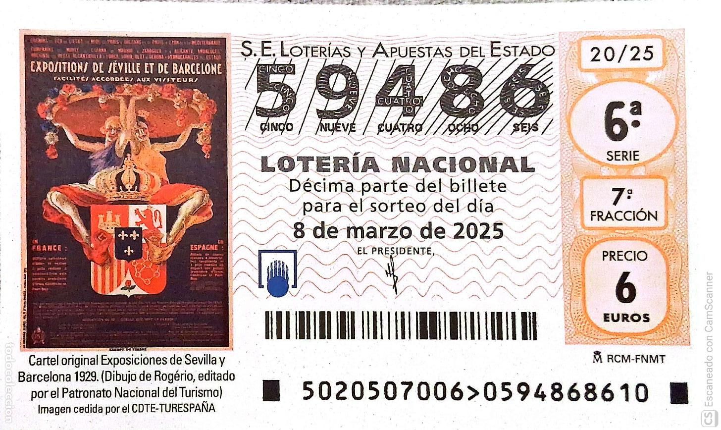 National Spanish Lottery: Espa&ntilde;a. Loter&iacute;a. 2025. Sorteo: 20 Cartel original Exposiciones de Sevilla y Barcelona 1929. Fecha: