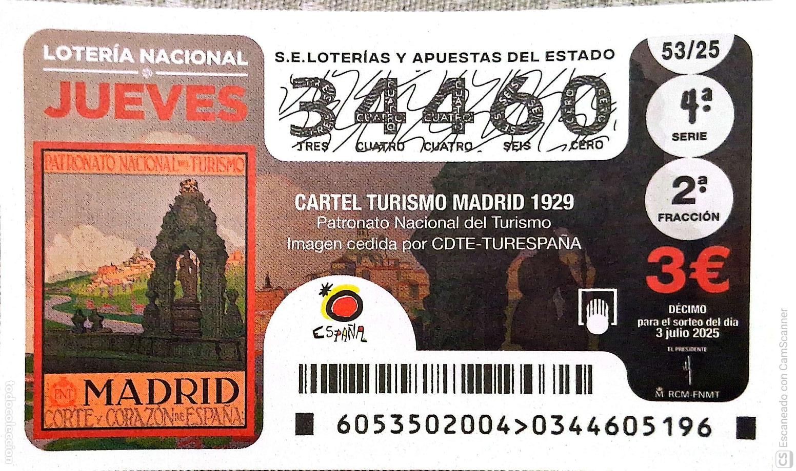 National Spanish Lottery: Espa&ntilde;a. Loter&iacute;a. 2025. Sorteo: 53 Cartel Turismo Madrid 1929. Fecha: 26 junio