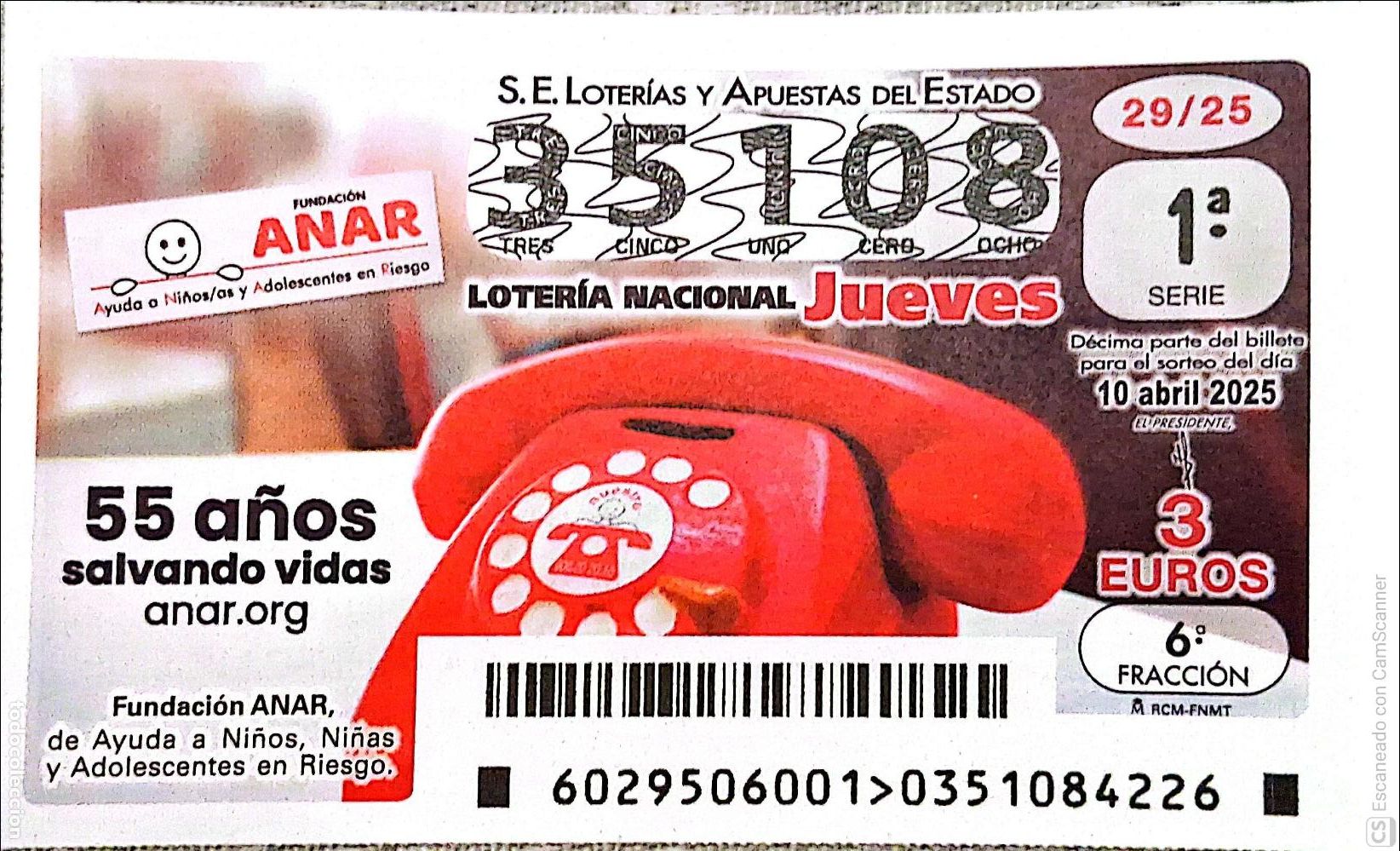 National Spanish Lottery: Espa&ntilde;a. Loter&iacute;a. 2025. Sorteo: 29 Fundaci&oacute;n ANAR, 50 a&ntilde;os salvando vidas. Fecha: 10 abril.
