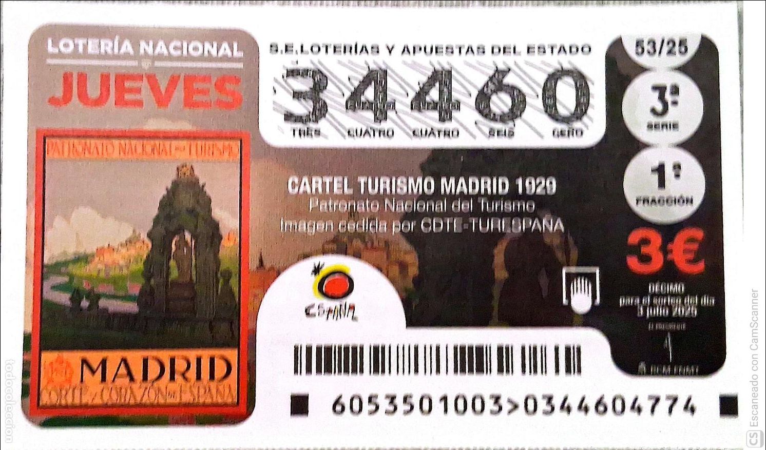Lotaria Nacional: Espa&ntilde;a. Loter&iacute;a. 2025. Sorteo: 53 Cartel Turismo Madrid 1929. Fecha: 26 junio