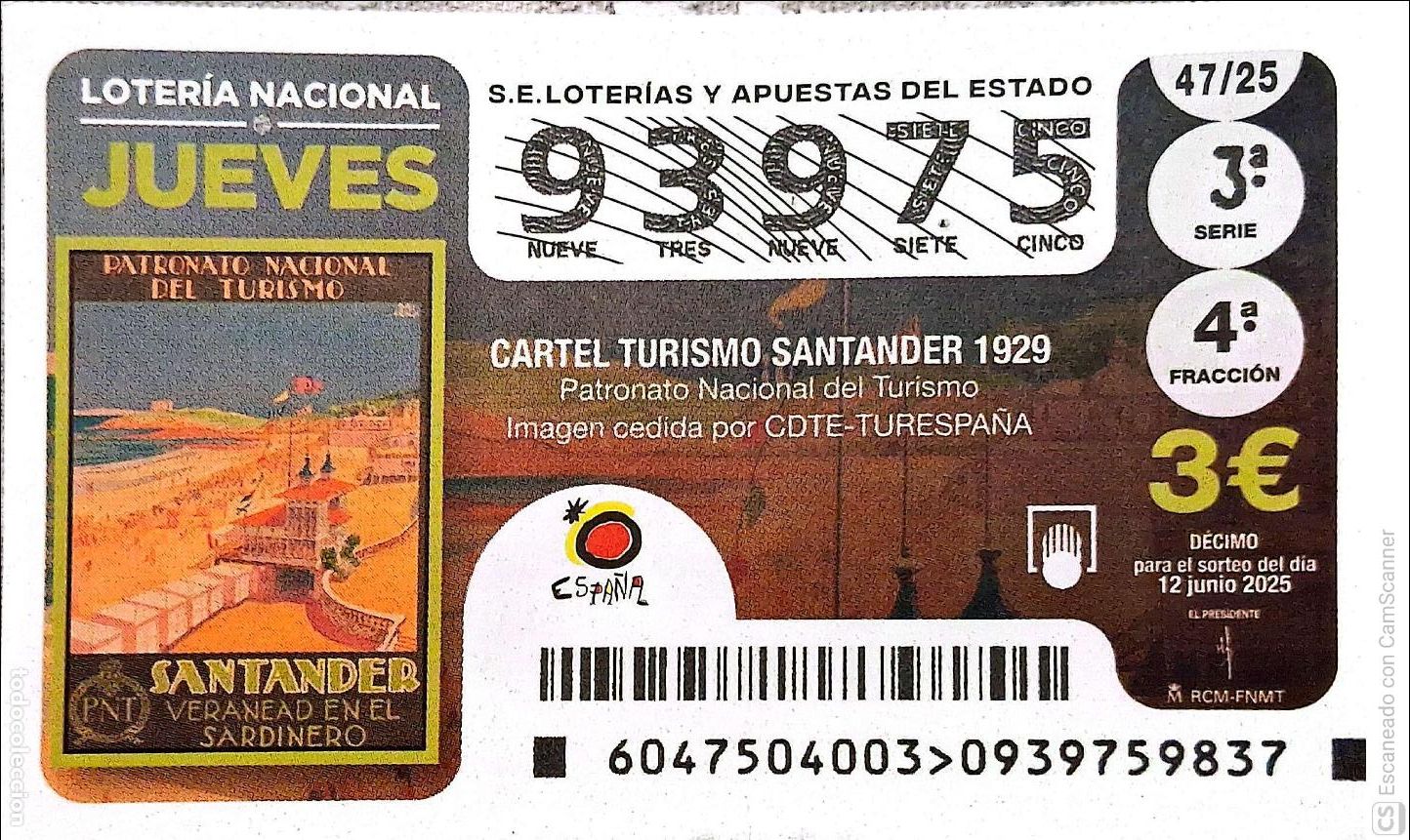Lotaria Nacional: Espa&ntilde;a. Loter&iacute;a. 2025. Sorteo: 47 Cartel Turismo Santander 1929. Fecha: 12 junio
