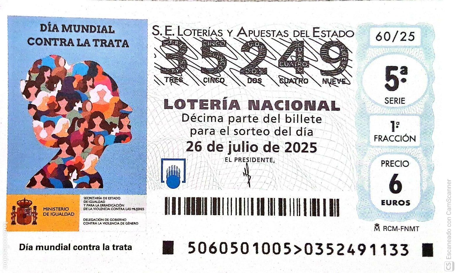 Lotaria Nacional: Espa&ntilde;a. Loter&iacute;a. 2025. Sorteo: 60 D&iacute;a Mundial contra la Trata. Fecha: 26 julio.