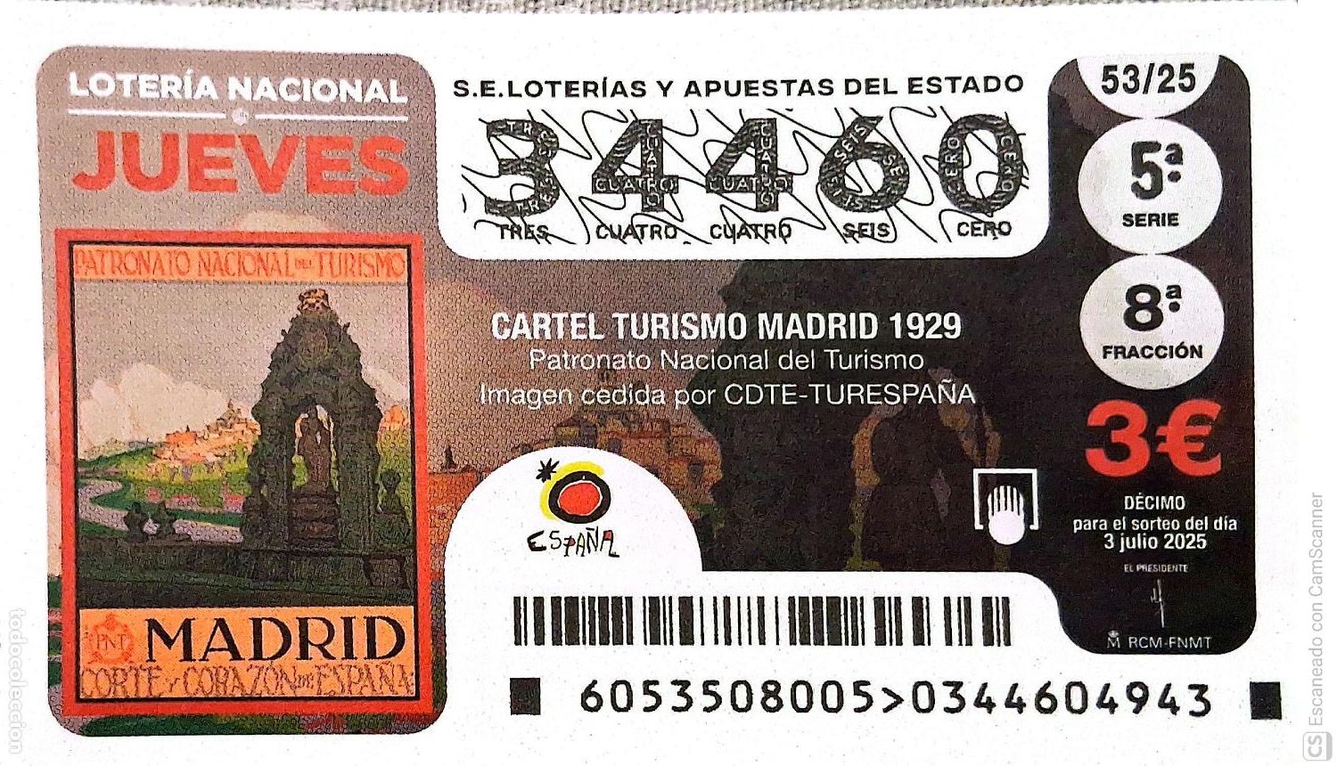 Lotaria Nacional: Espa&ntilde;a. Loter&iacute;a. 2025. Sorteo: 53 Cartel Turismo Madrid 1929. Fecha: 26 junio
