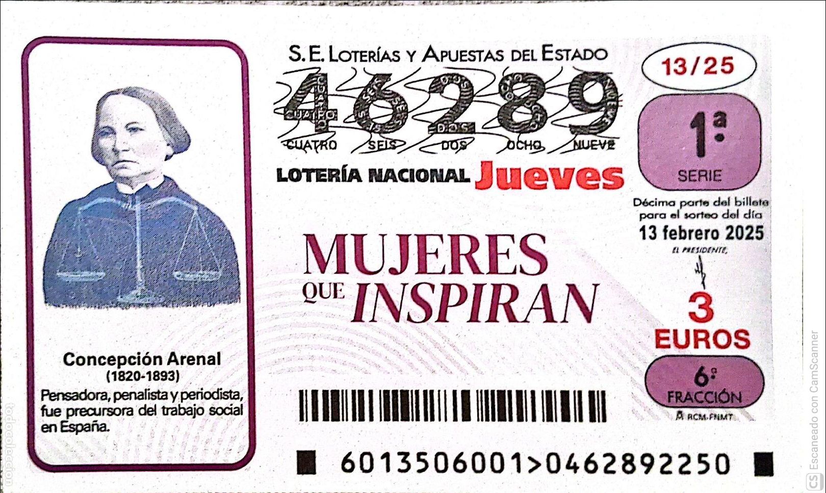 Lotaria Nacional: Espa&ntilde;a. Loter&iacute;a. 2025. Sorteo: 13 Mujeres que Inspiran: Concepci&oacute;n Arenal. Fecha: 13 febrero