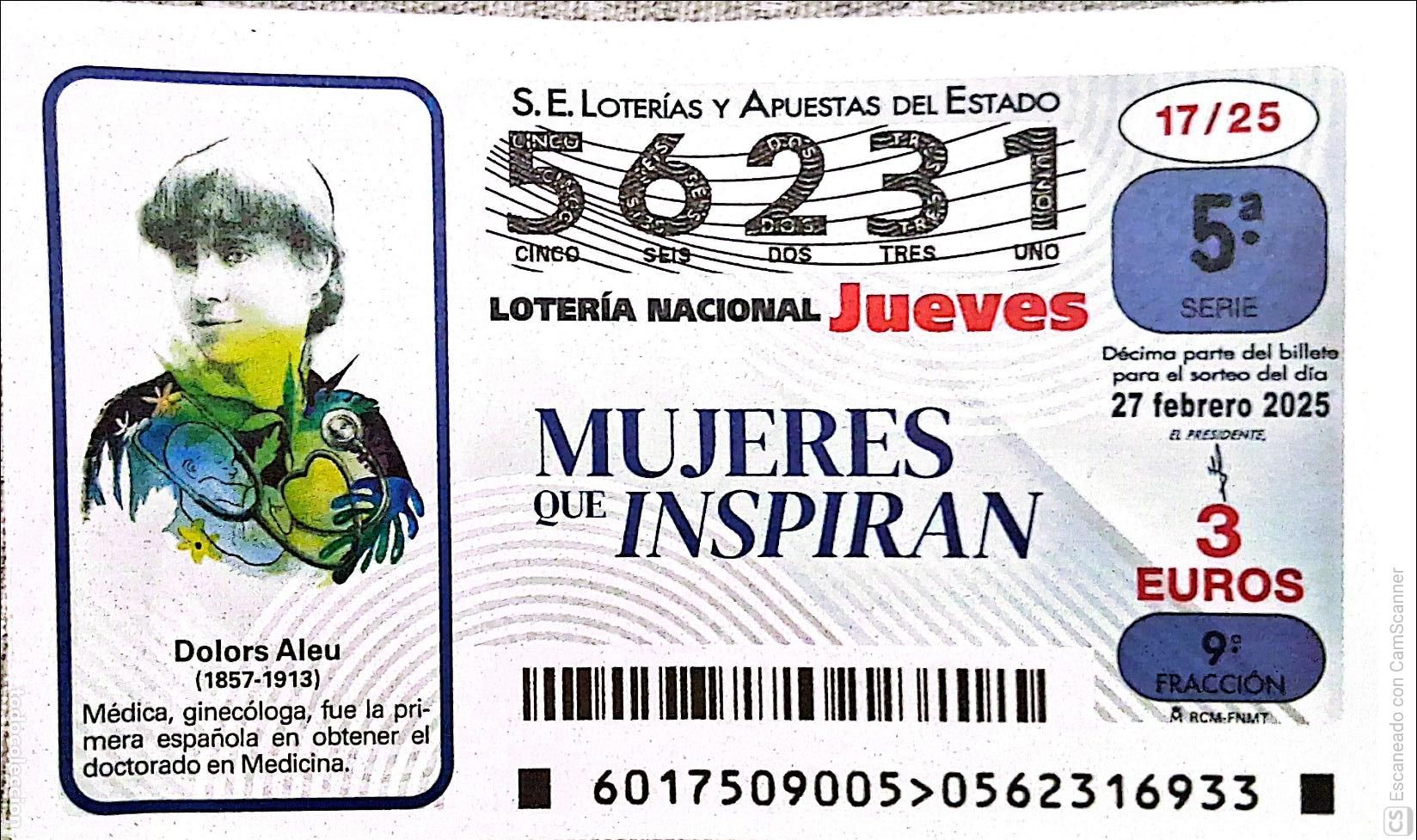 Lotaria Nacional: Espa&ntilde;a. Loter&iacute;a. 2025. Sorteo: 17 Mujeres que Inspiran: Dolors Aleu. Fecha: 27 febrero