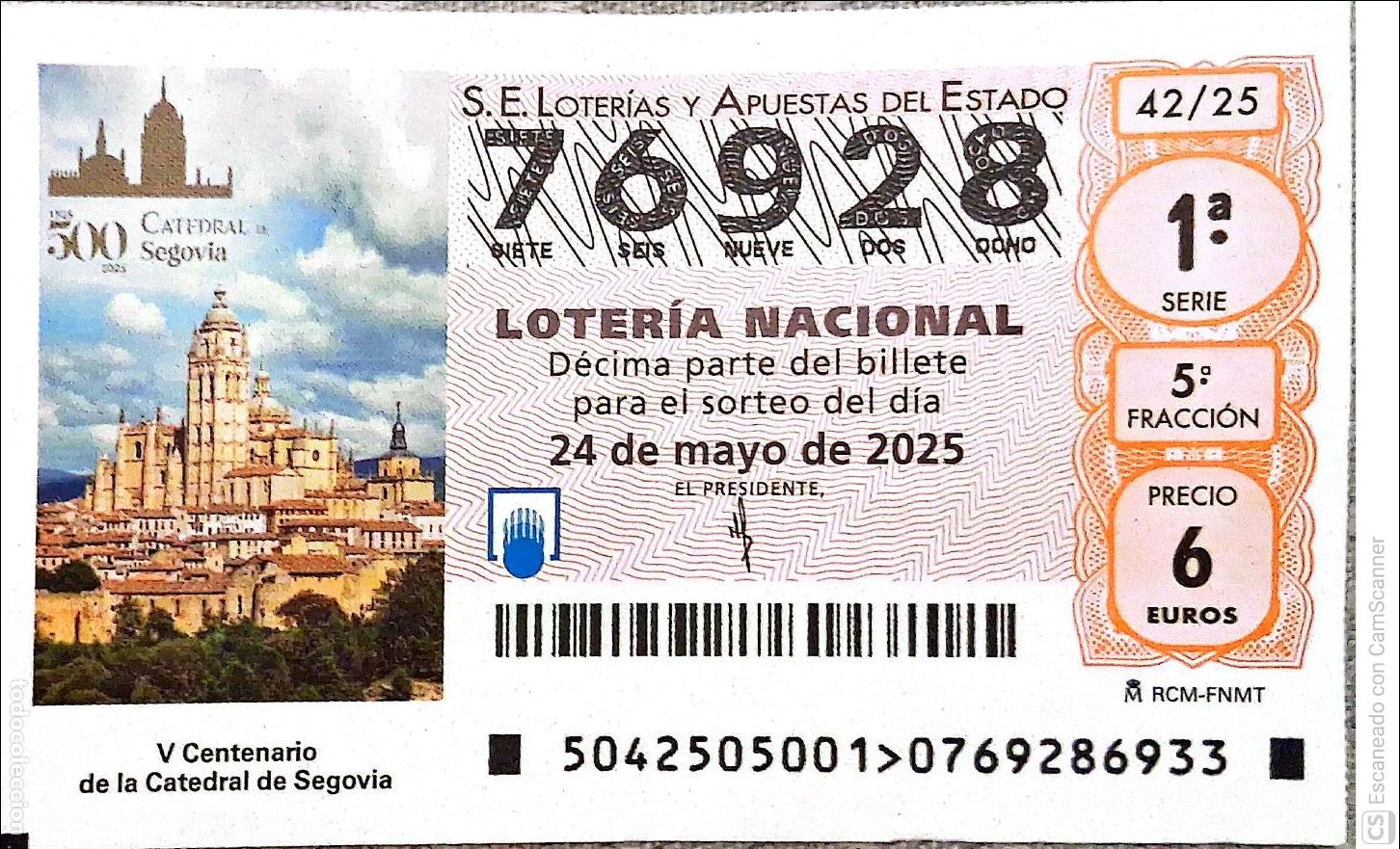 Lotaria Nacional: Espa&ntilde;a. Loter&iacute;a. 2025. Sorteo: 42 Centenario de la Catedral de Segovia. Fecha: 24 mayo