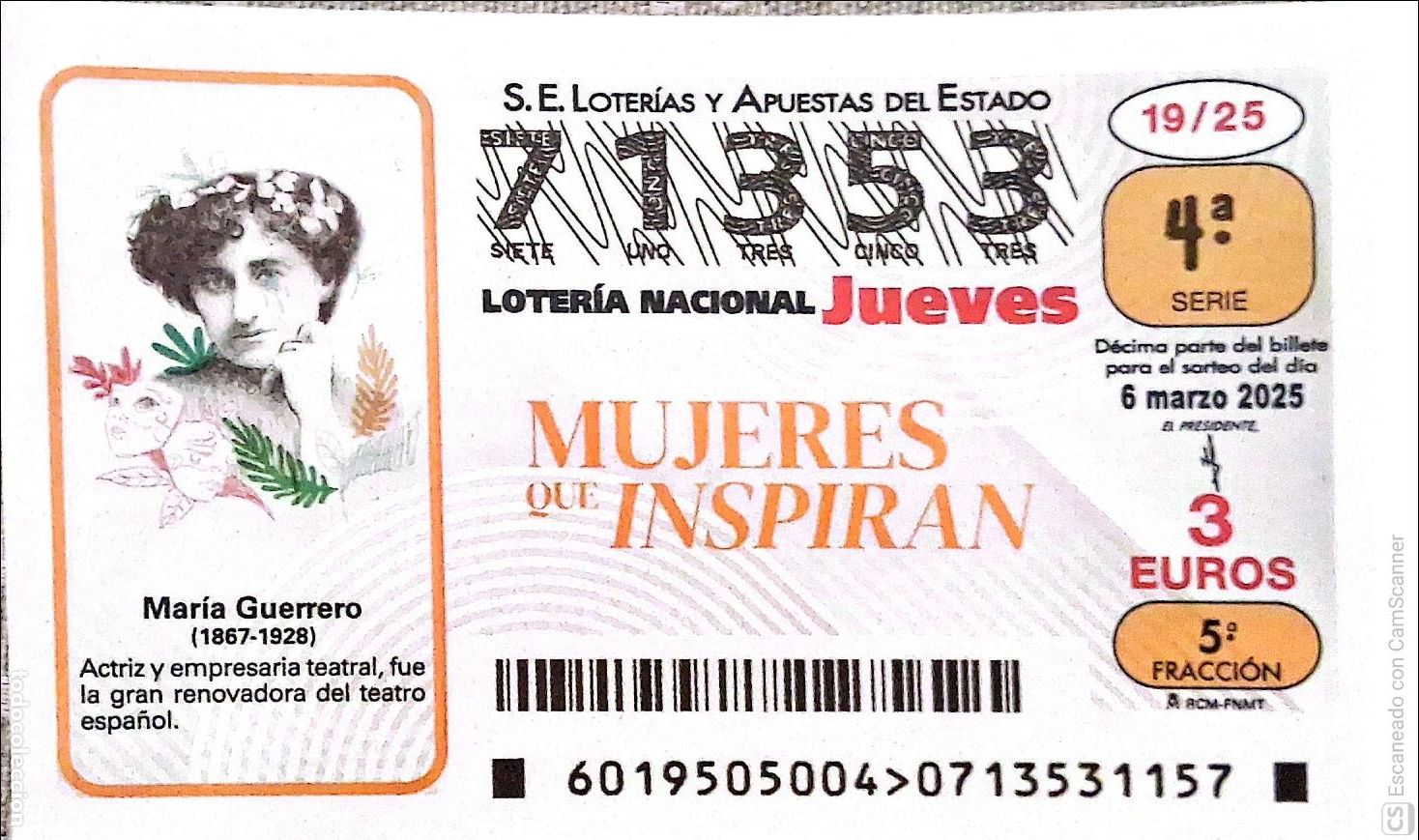 Lotaria Nacional: Espa&ntilde;a. Loter&iacute;a. 2025. Sorteo: 19 Mujeres que Inspiran: Mar&iacute;a Guerrero. Fecha: 6 marzo.