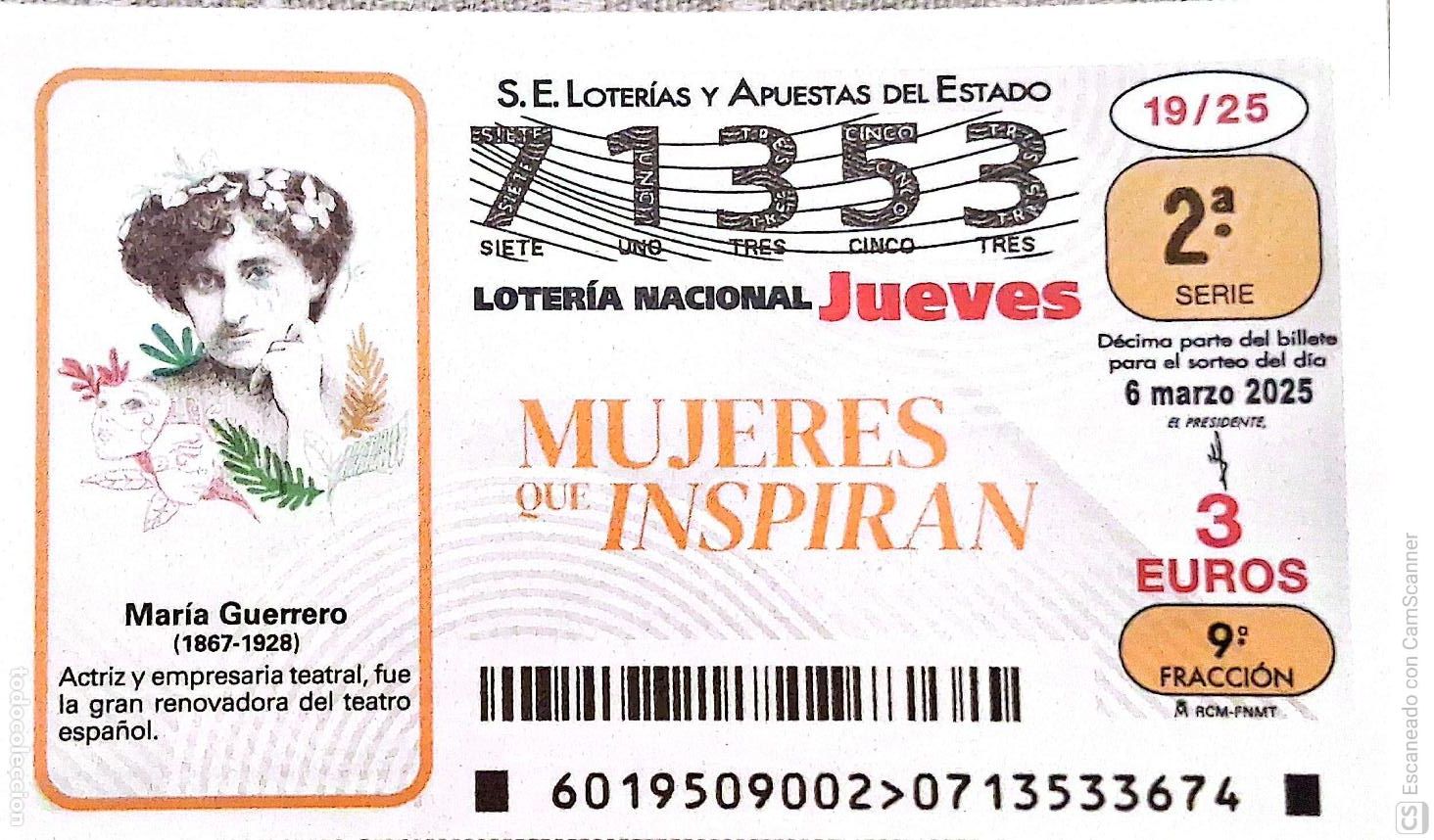 Lotaria Nacional: Espa&ntilde;a. Loter&iacute;a. 2025. Sorteo: 19 Mujeres que Inspiran: Mar&iacute;a Guerrero. Fecha: 6 marzo.