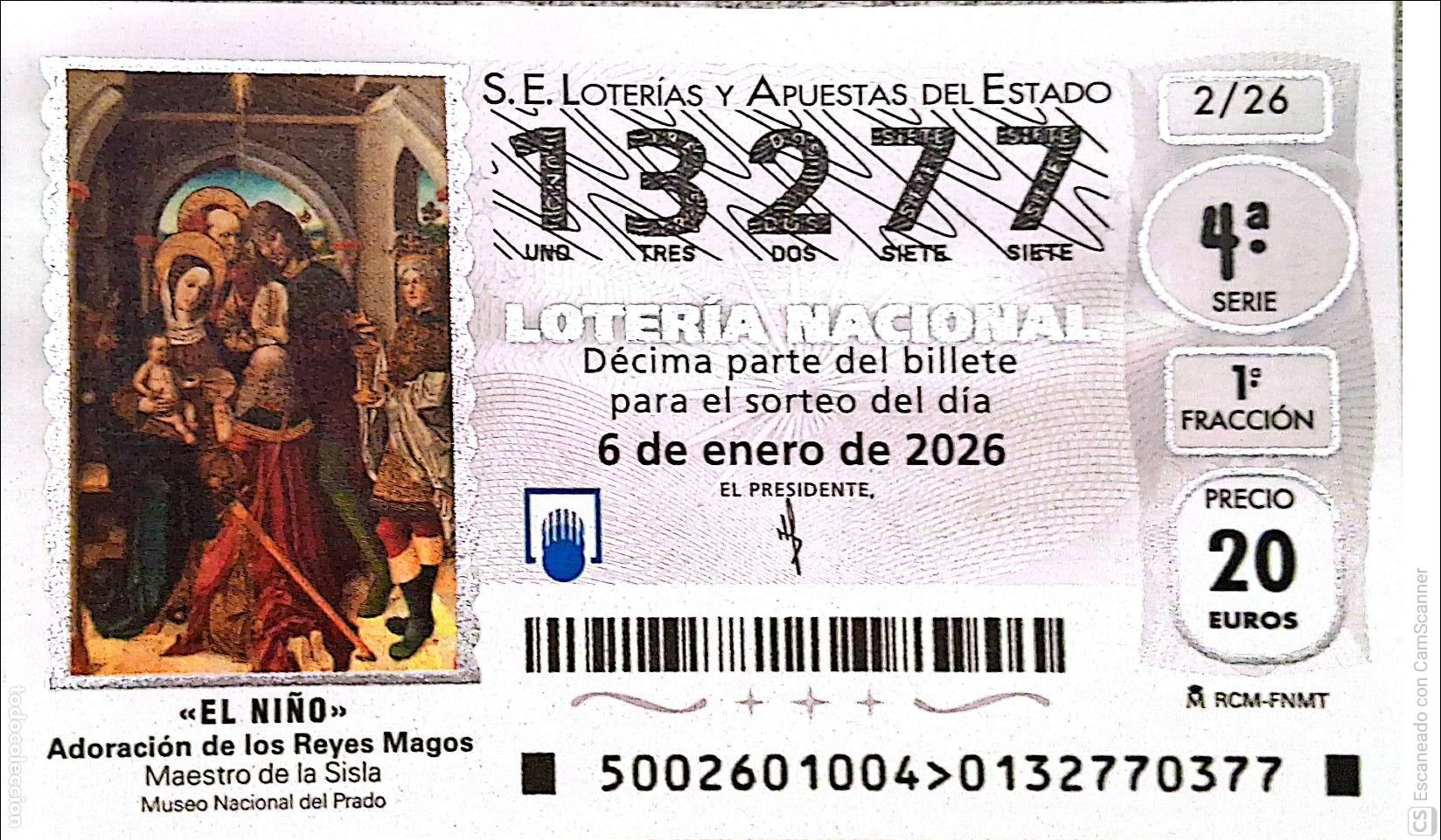 Lotaria Nacional: Espa&ntilde;a. Loter&iacute;a. 2026. Sorteo: 2 El Ni&ntilde;o. Adoraci&oacute;n de los Reyes Magos. Maestro de la Sisla. Museo N