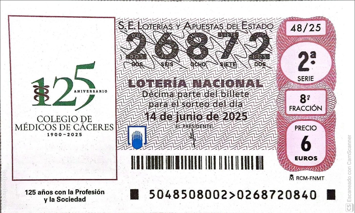 Lotaria Nacional: Espa&ntilde;a. Loter&iacute;a. 2025. Sorteo: 48 Aniversario Colegio de M&eacute;dicos de C&aacute;ceres. Fecha: 14 junio