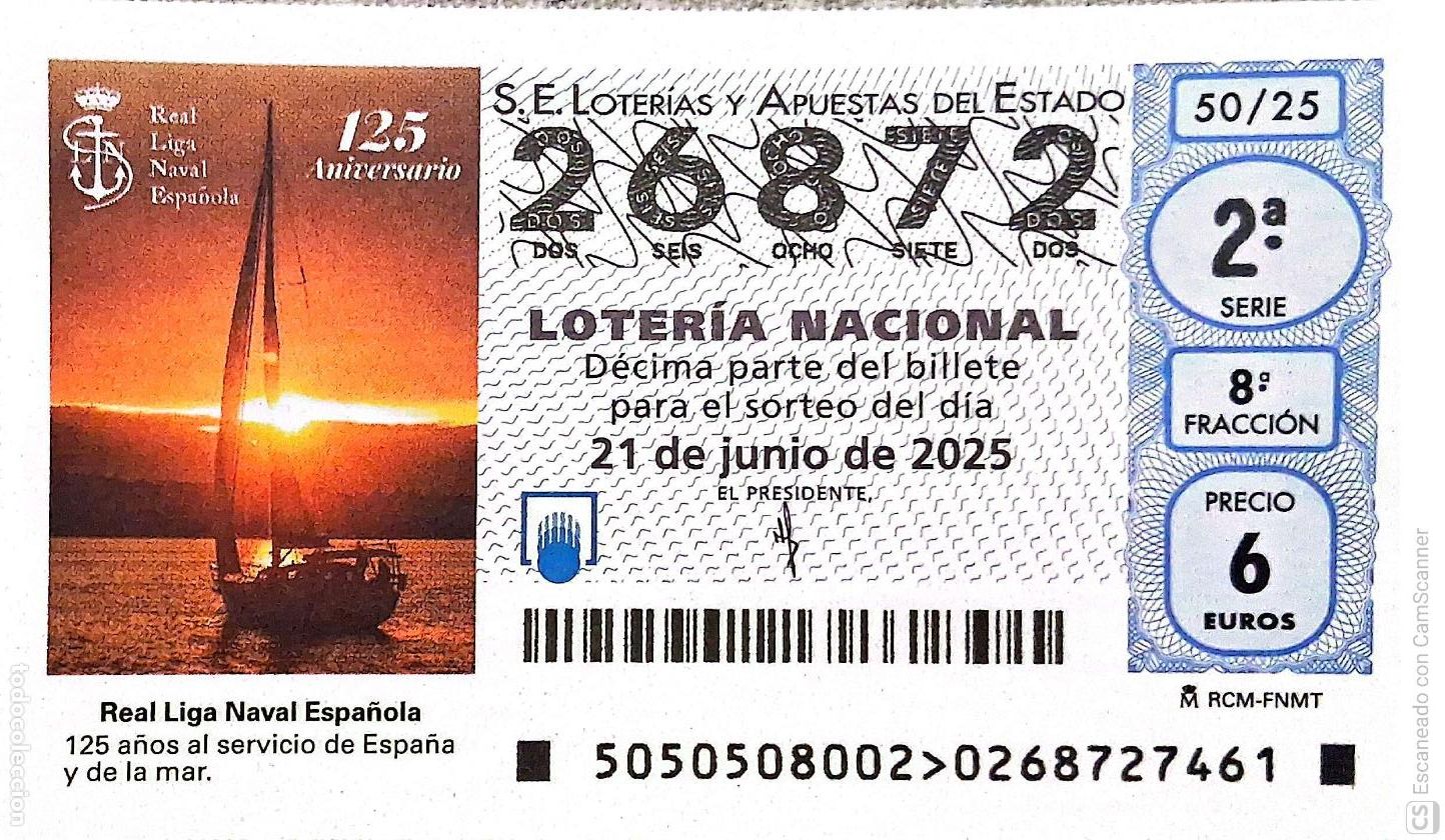 Lotaria Nacional: Espa&ntilde;a. Loter&iacute;a. 2025. Sorteo: 50 Real Liga Naval Espa&ntilde;ola. Fecha: 21 junio