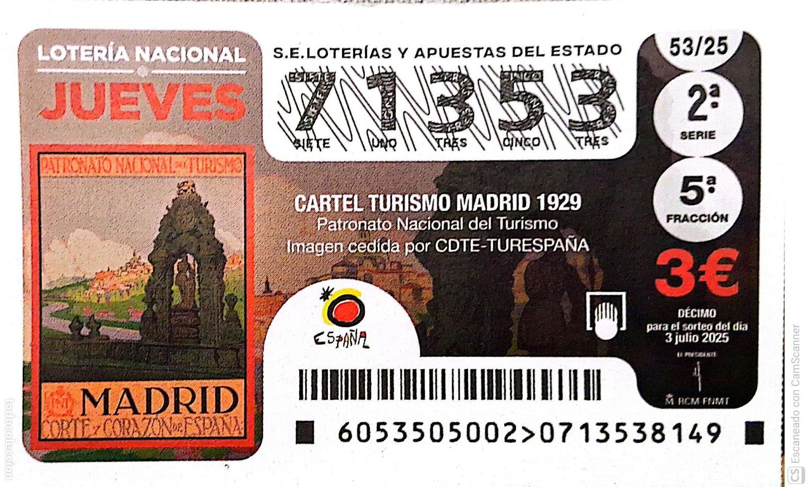 Lotaria Nacional: Espa&ntilde;a. Loter&iacute;a. 2025. Sorteo: 53 Cartel Turismo Madrid 1929. Fecha: 26 junio
