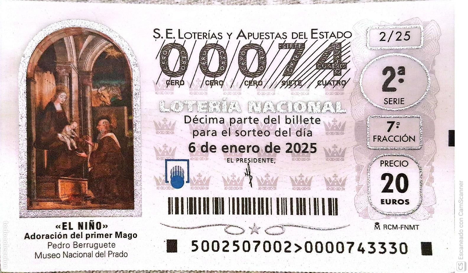 Lotaria Nacional: Espa&ntilde;a. Loter&iacute;a. 2025. Sorteo: 2 El Ni&ntilde;o. Adoraci&oacute;n del primer Mago de Pedro Berruguete. Museo del