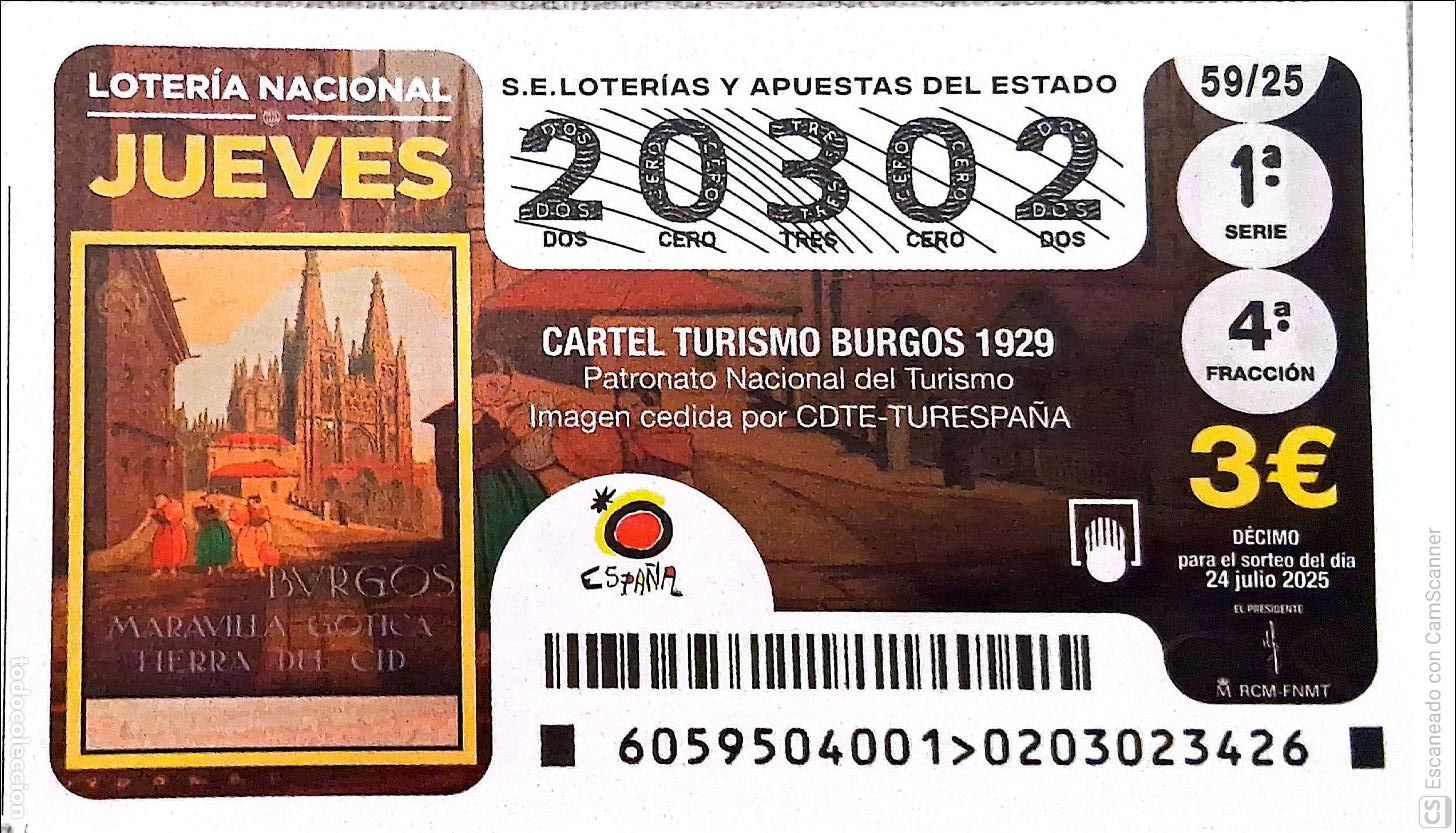 Lotaria Nacional: Espa&ntilde;a. Loter&iacute;a. 2025. Sorteo: 59 Cartel Turismo Burgos 1929. Fecha: 24 julio.