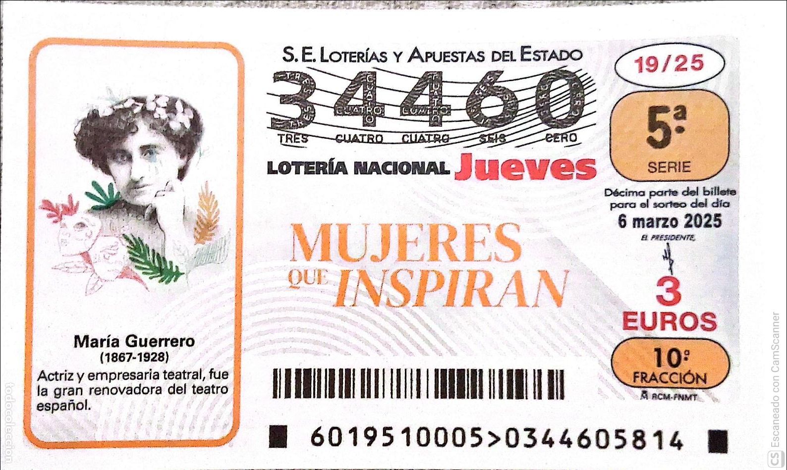 Lotaria Nacional: Espa&ntilde;a. Loter&iacute;a. 2025. Sorteo: 19 Mujeres que Inspiran: Mar&iacute;a Guerrero. Fecha: 6 marzo.