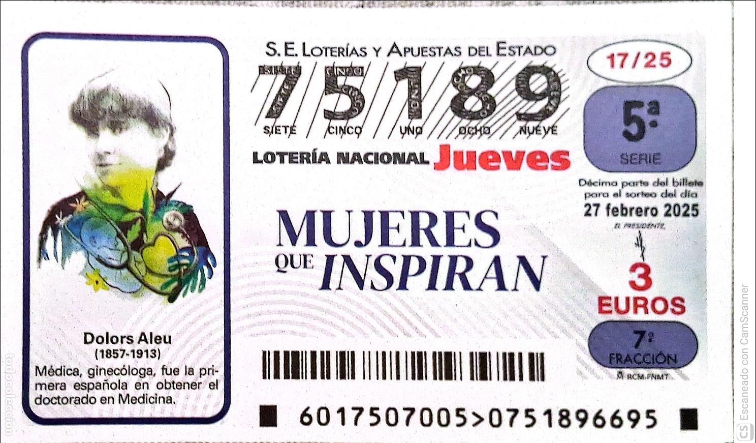 Lotaria Nacional: Espa&ntilde;a. Loter&iacute;a. 2025. Sorteo: 17 Mujeres que Inspiran: Dolors Aleu. Fecha: 27 febrero