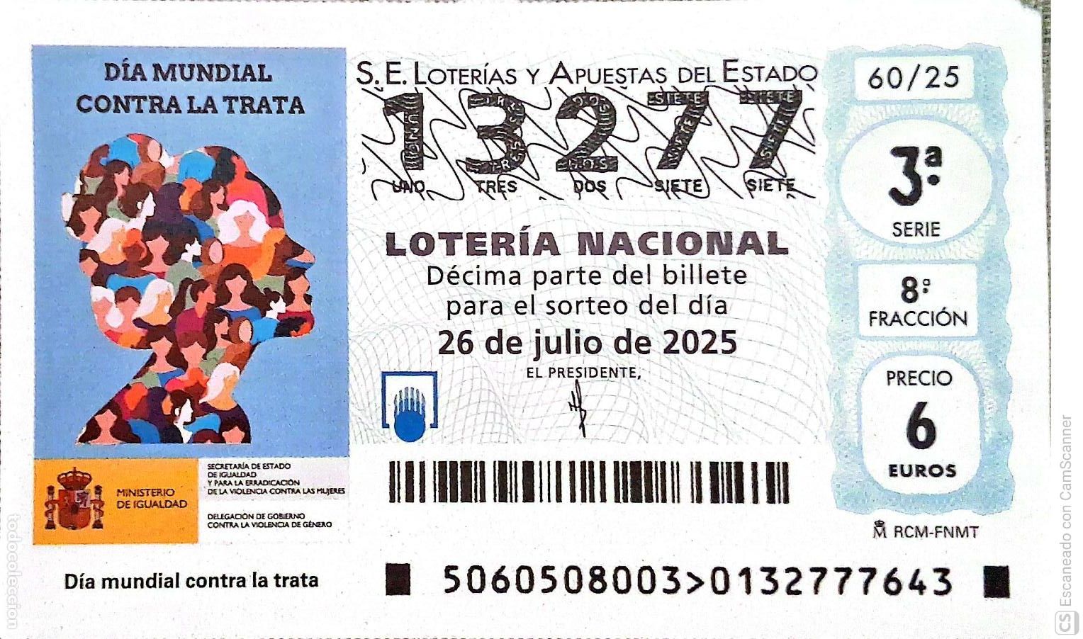 Lotaria Nacional: Espa&ntilde;a. Loter&iacute;a. 2025. Sorteo: 60 D&iacute;a Mundial contra la Trata. Fecha: 26 julio.
