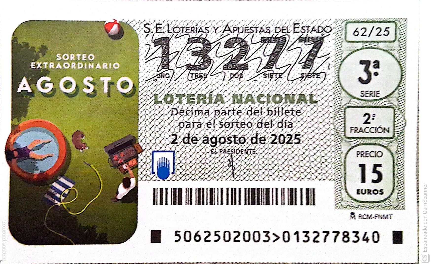 National Spanish Lottery: Espa&ntilde;a. Loter&iacute;a. 2025. Sorteo: 62 Sorteo extraordinario Agosto. Fecha: 2 agosto