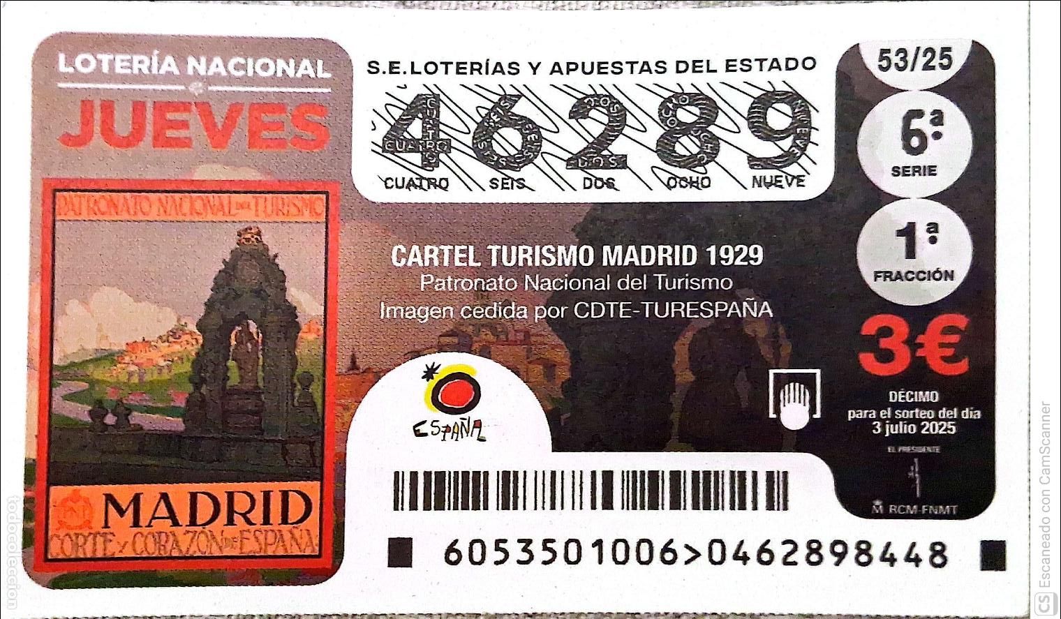 National Spanish Lottery: Espa&ntilde;a. Loter&iacute;a. 2025. Sorteo: 53 Cartel Turismo Madrid 1929. Fecha: 26 junio