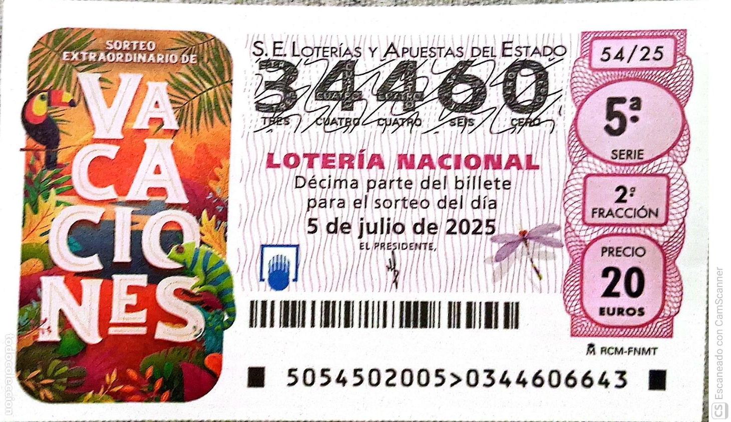 National Spanish Lottery: Espa&ntilde;a. Loter&iacute;a. 2025. Sorteo: 54 Sorteo Extraordinario de Vacaciones. Fecha: 5 julio