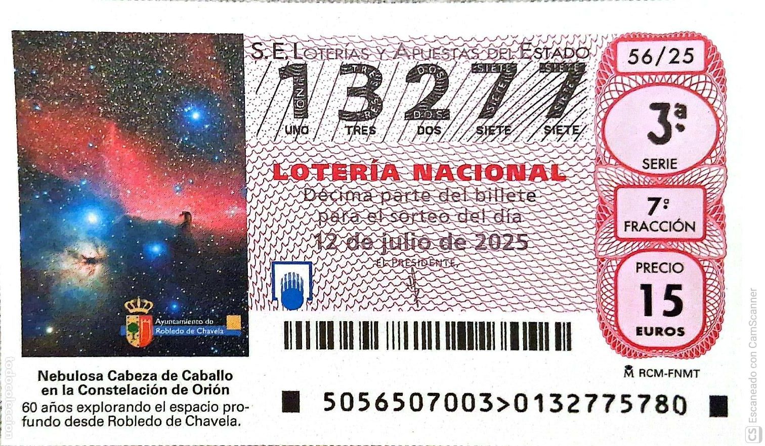 Loter&iacute;a Nacional: Espa&ntilde;a. Loter&iacute;a. 2025. Sorteo: 56 Nebulosa Cabeza de Caballo en la Constelaci&oacute;n de Ori&oacute;n. Observato