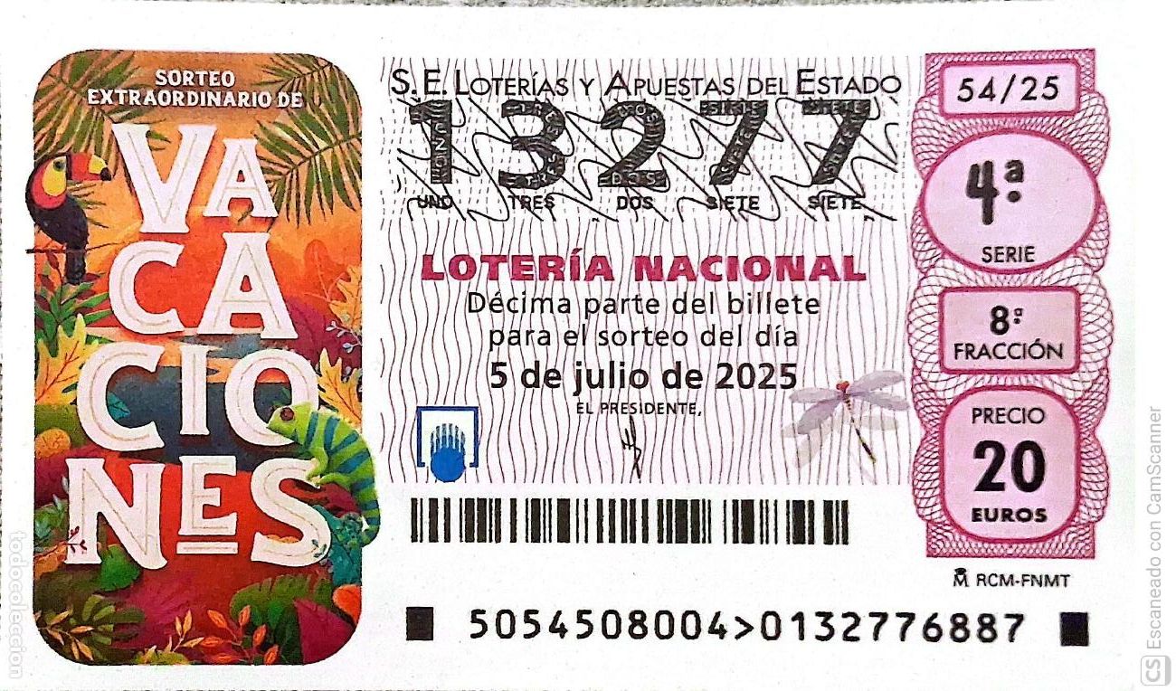 Loter&iacute;a Nacional: Espa&ntilde;a. Loter&iacute;a. 2025. Sorteo: 54 Sorteo Extraordinario de Vacaciones. Fecha: 5 julio