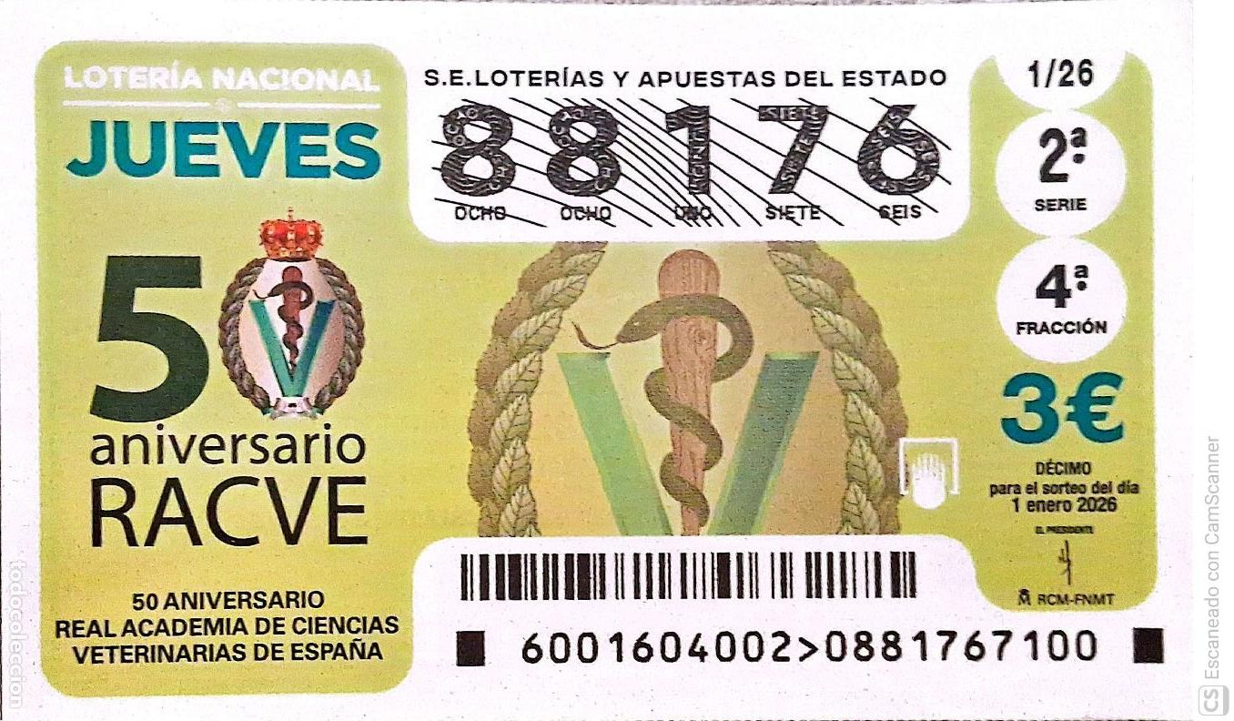Loter&iacute;a Nacional: Espa&ntilde;a. Loter&iacute;a. 2026. Sorteo: 1 50 Aniversario Real Academia de Ciencias Veterinarias de Espa&ntilde;a. Fe