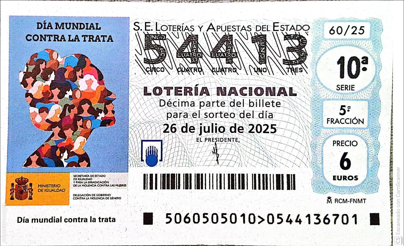 Loter&iacute;a Nacional: Espa&ntilde;a. Loter&iacute;a. 2025. Sorteo: 60 D&iacute;a Mundial contra la Trata. Fecha: 26 julio.