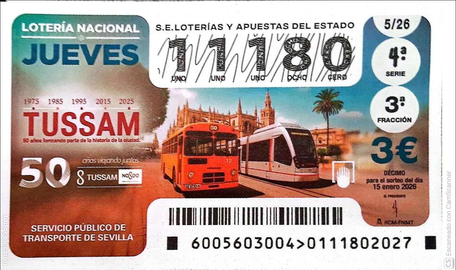 Loter&iacute;a Nacional: Espa&ntilde;a. Loter&iacute;a. 2026. Sorteo: 5 50 A&ntilde;os viajando juntos. Servicio P&uacute;blico de Transportes de Sevilla