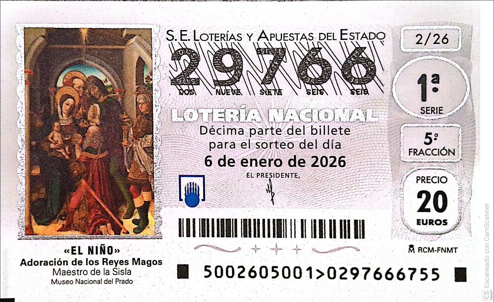 Loter&iacute;a Nacional: Espa&ntilde;a. Loter&iacute;a. 2026. Sorteo: 2 El Ni&ntilde;o. Adoraci&oacute;n de los Reyes Magos. Maestro de la Sisla. Museo N