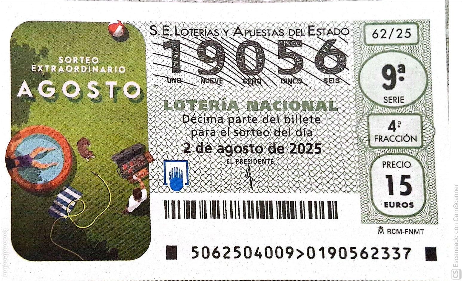 Loter&iacute;a Nacional: Espa&ntilde;a. Loter&iacute;a. 2025. Sorteo: 62 Sorteo extraordinario Agosto. Fecha: 2 agosto
