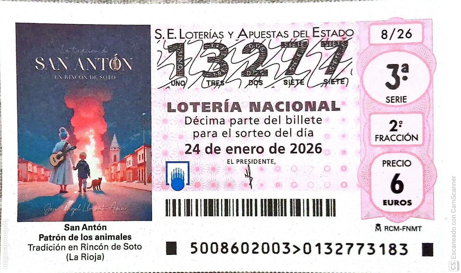 Loter&iacute;a Nacional: Espa&ntilde;a. Loter&iacute;a. 2026. Sorteo: 8 San Ant&oacute;n. Patr&oacute;n de los animales. Tradici&oacute;n en Rinc&oacute;n de Soto (La