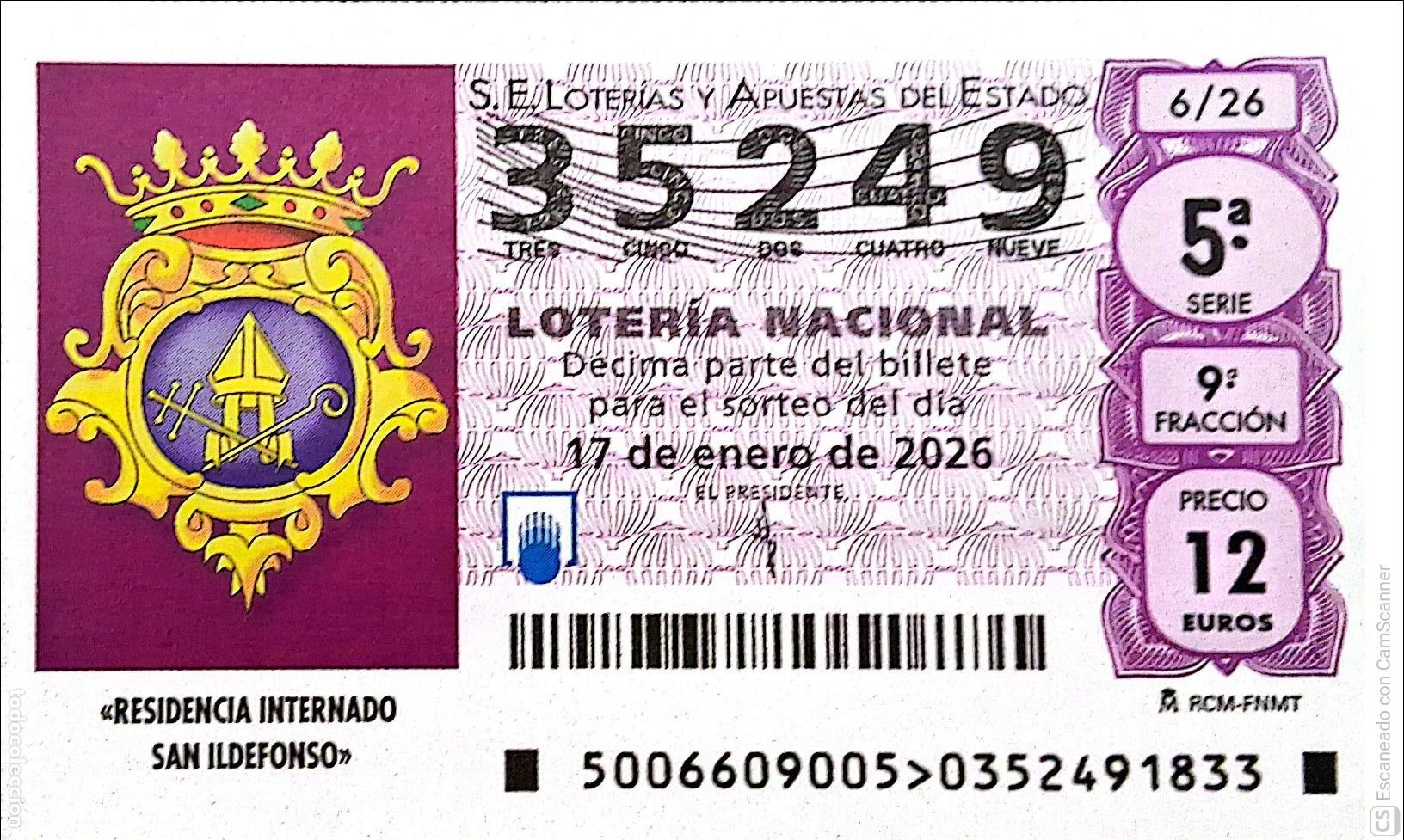 Loter&iacute;a Nacional: Espa&ntilde;a. Loter&iacute;a. 2026. Sorteo: 6 Residendia Internado San Ildefonso. Fecha: 17 enero.