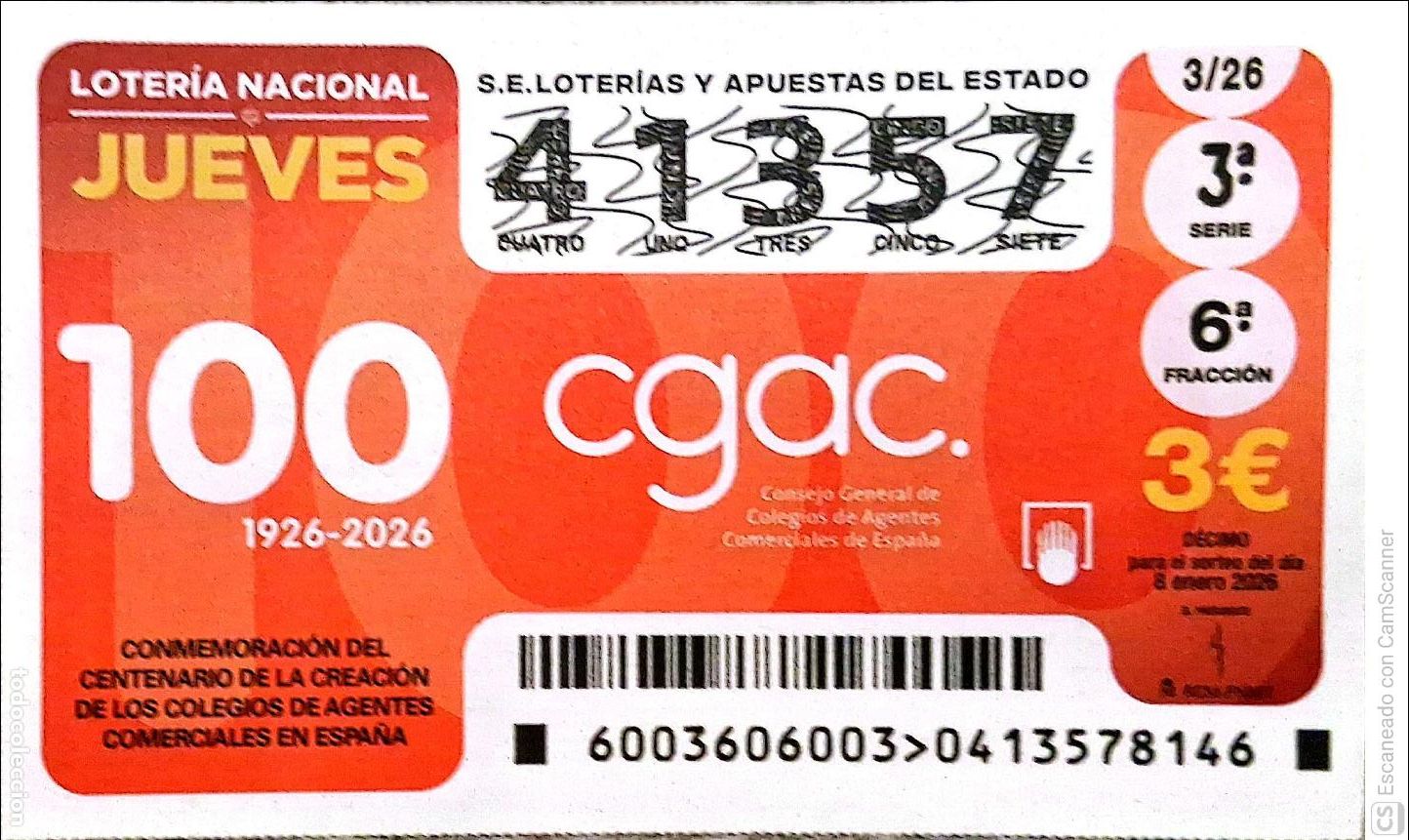 Loter&iacute;a Nacional: Espa&ntilde;a. Loter&iacute;a. 2026. Sorteo: 3 Conmemoraci&oacute;n del Centenario de la creaci&oacute;n de los Colegios de Agen