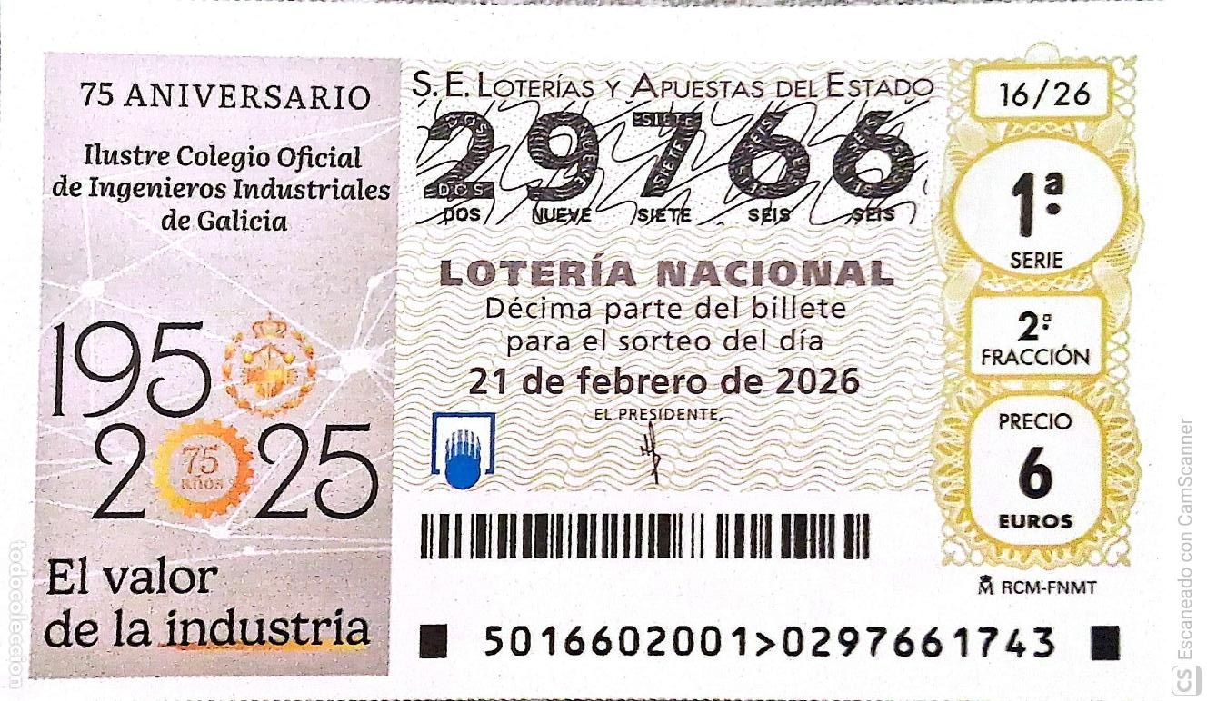Loter&iacute;a Nacional: Espa&ntilde;a. Loter&iacute;a. 2026. Sorteo: 16 75 Aniversario Ilustre Colegio Oficial de Ingenieros Industriales