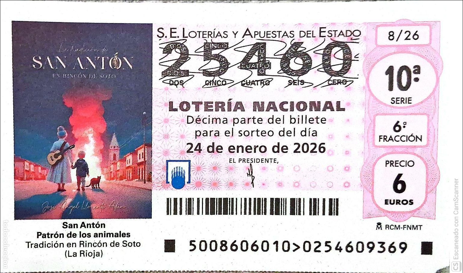Loter&iacute;a Nacional: Espa&ntilde;a. Loter&iacute;a. 2026. Sorteo: 8 San Ant&oacute;n. Patr&oacute;n de los animales. Tradici&oacute;n en Rinc&oacute;n de Soto (La