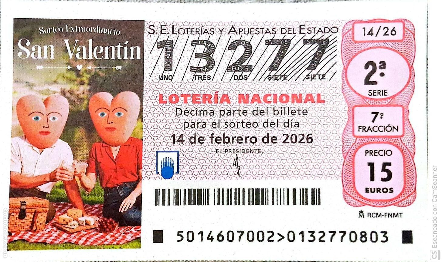 Loter&iacute;a Nacional: Espa&ntilde;a. Loter&iacute;a. 2026. Sorteo: 14 Sorteo extraordinario de San Valent&iacute;n. Fecha: 14 febrero.