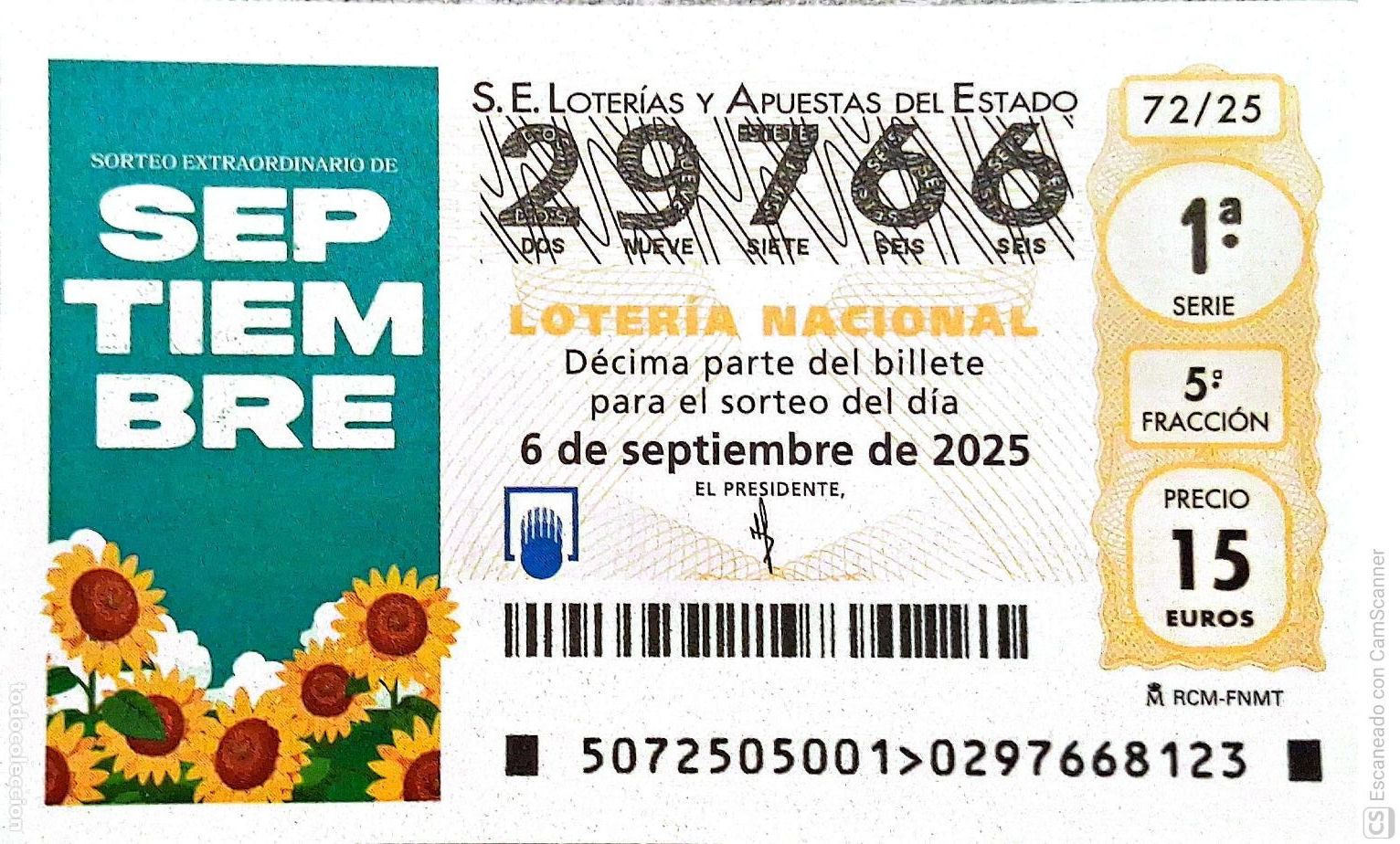Loter&iacute;a Nacional: Espa&ntilde;a. Loter&iacute;a. 2025. Sorteo: 72 Sorteo Extraordinario Septiembre. Fecha: 6 septiembre.