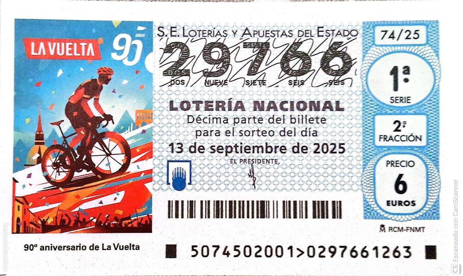 Loter&iacute;a Nacional: Espa&ntilde;a. Loter&iacute;a. 2025. Sorteo: 74 90 Aniversario de la Vuelta. Fecha: 13 septiembre.