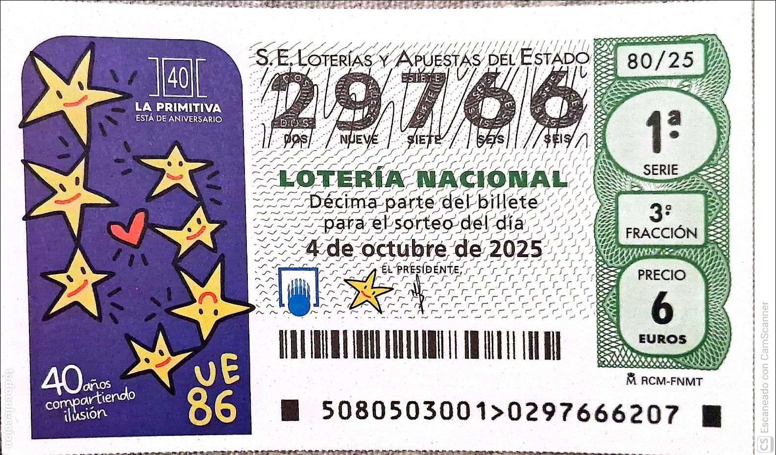 Loter&iacute;a Nacional: Espa&ntilde;a. Loter&iacute;a. 2025. Sorteo: 80 40 A&ntilde;os compartiendo ilusi&oacute;n. Fecha: 4 octubre.